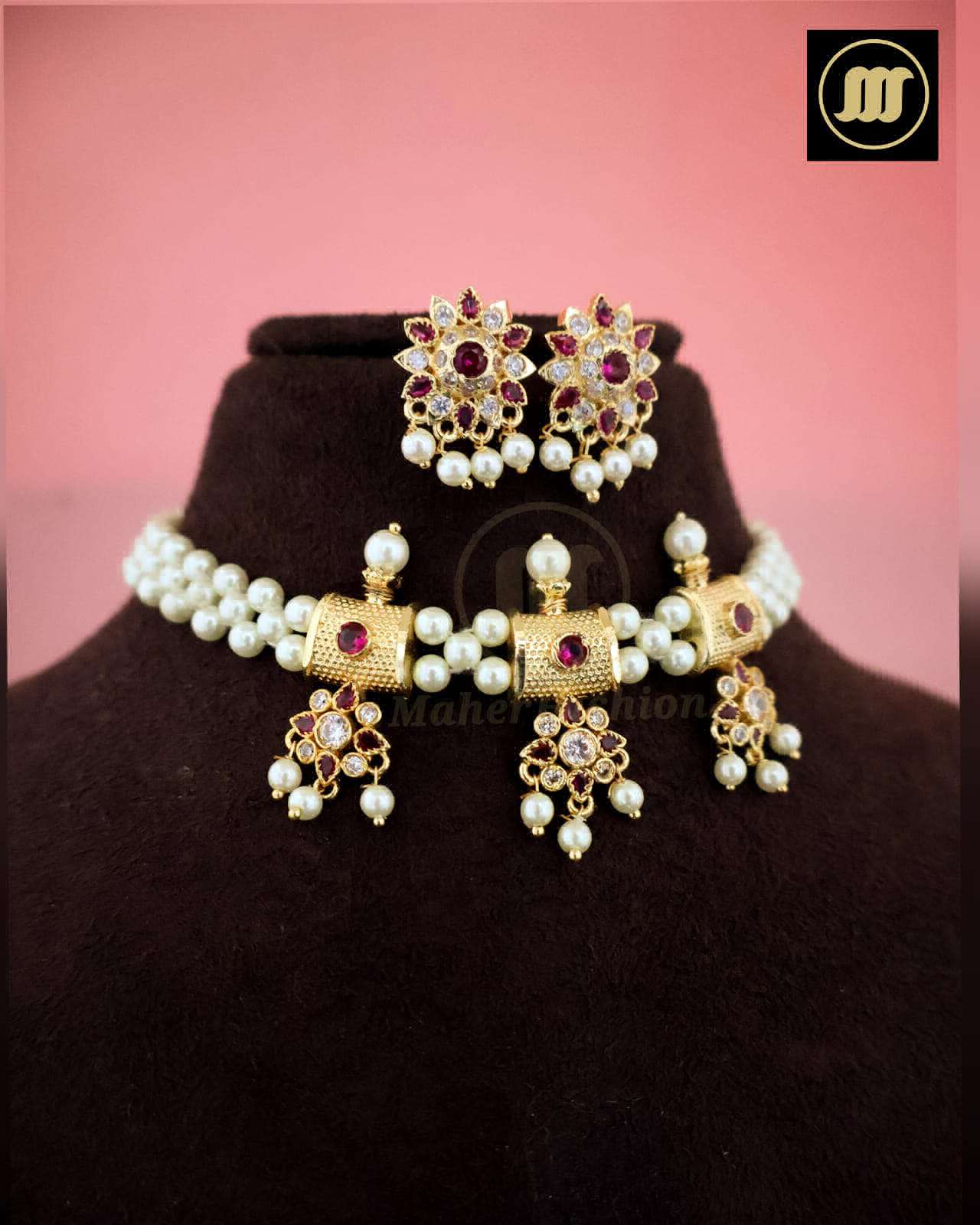 Pearl White Ruby Chinchpeti Necklace